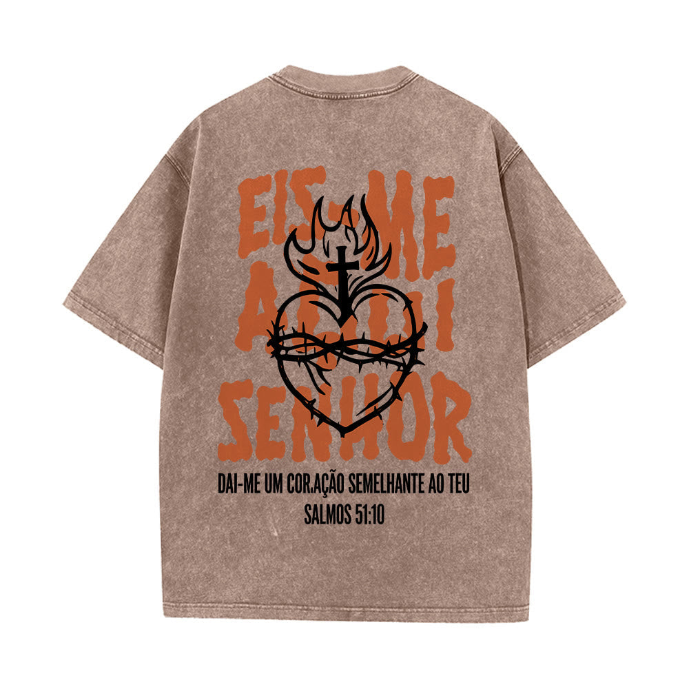 Christianartworkshop Portuguese Spiritual Phrase Thorn Sacred Heart Cross Flame Back Graphic Washed Unisex T-Shirt