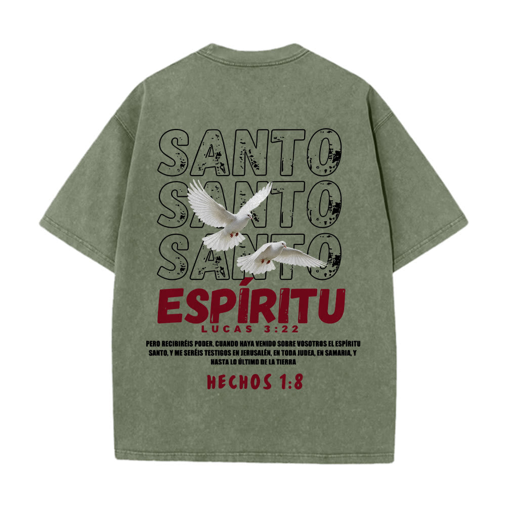 Christianartworkshop Spanish Holy Spirit Slogan Double Dove Distressed Font Back Graphic Washed Unisex T-Shirt