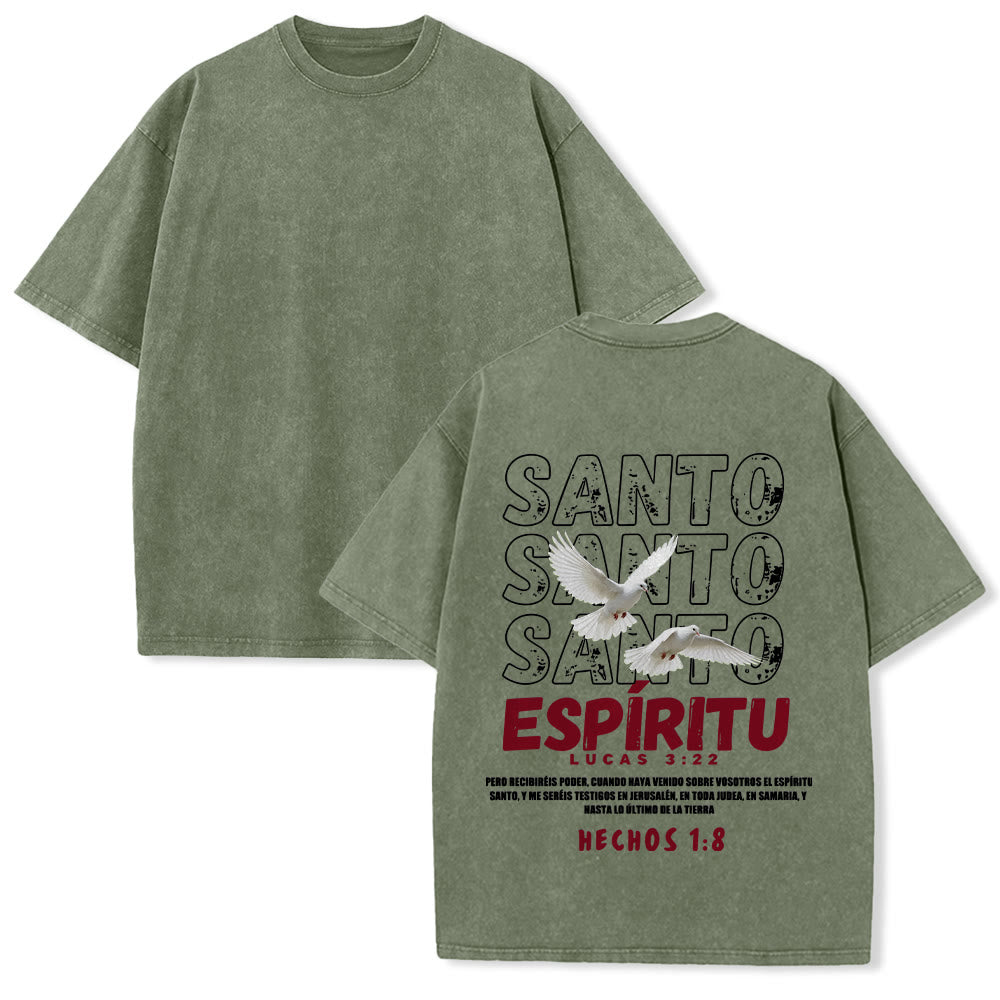 Christianartworkshop Spanish Holy Spirit Slogan Double Dove Distressed Font Back Graphic Washed Unisex T-Shirt