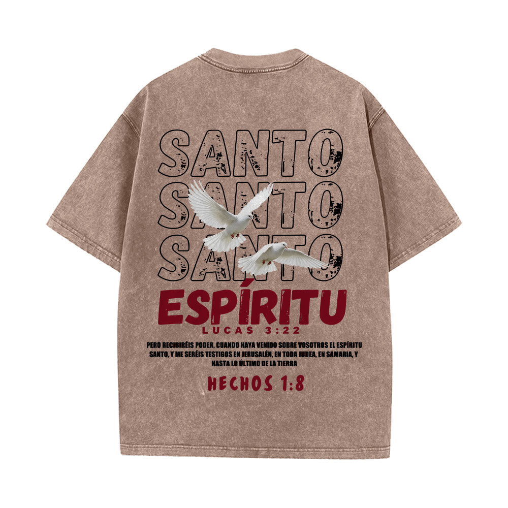 Christianartworkshop Spanish Holy Spirit Slogan Double Dove Distressed Font Back Graphic Washed Unisex T-Shirt