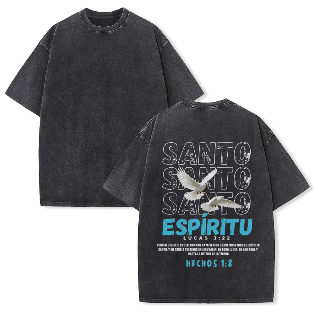 Christianartworkshop Spanish Holy Spirit Slogan Double Dove Distressed Font Back Graphic Washed Unisex T-Shirt