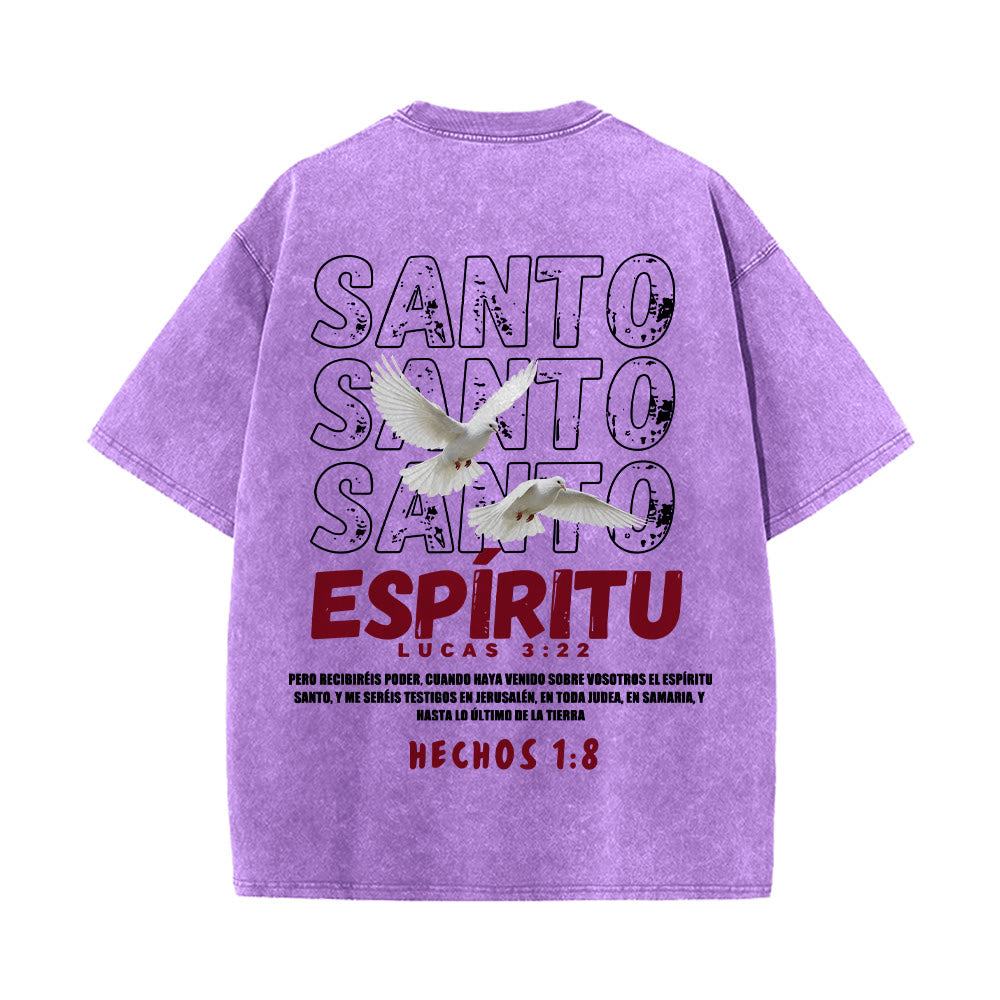 Christianartworkshop Spanish Holy Spirit Slogan Double Dove Distressed Font Back Graphic Washed Unisex T-Shirt