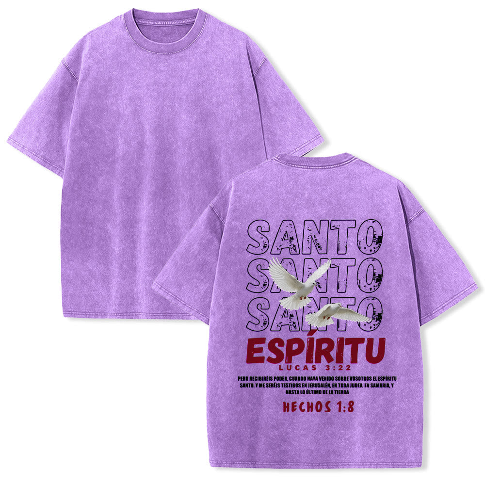 Christianartworkshop Spanish Holy Spirit Slogan Double Dove Distressed Font Back Graphic Washed Unisex T-Shirt