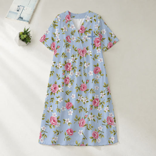 Christianartworkshop Summer Oversized Floral Print Cross Graphic V-Neck Short Sleeve Midi Dress