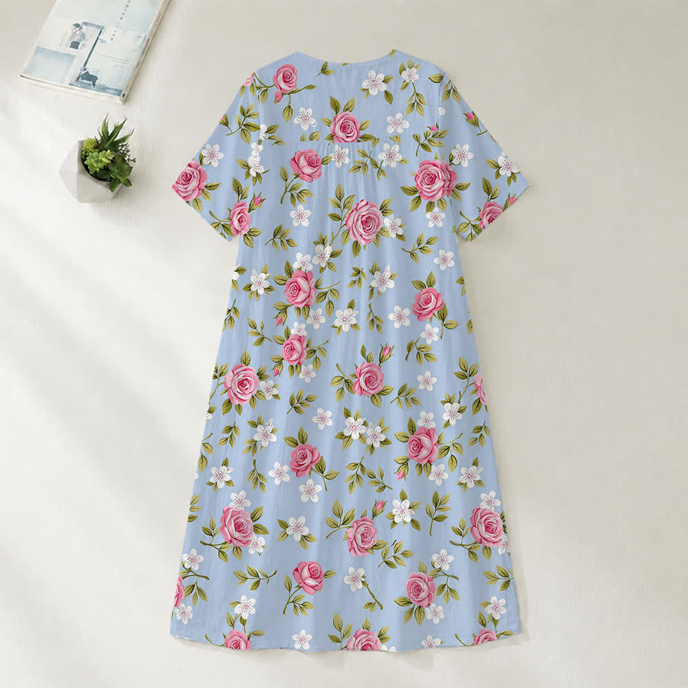 Christianartworkshop Summer Oversized Floral Print Cross Graphic V-Neck Short Sleeve Midi Dress