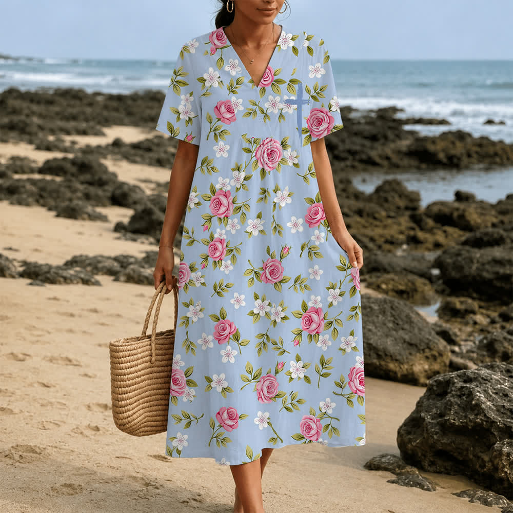 Christianartworkshop Summer Oversized Floral Print Cross Graphic V-Neck Short Sleeve Midi Dress