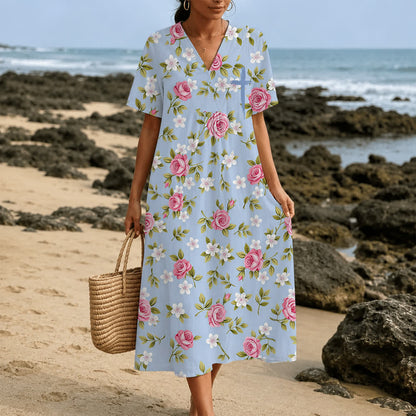 Christianartworkshop Summer Oversized Floral Print Cross Graphic V-Neck Short Sleeve Midi Dress