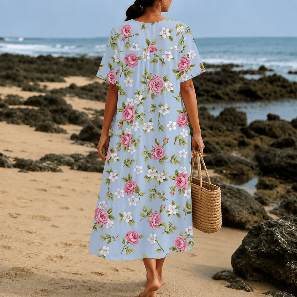 Christianartworkshop Summer Oversized Floral Print Cross Graphic V-Neck Short Sleeve Midi Dress