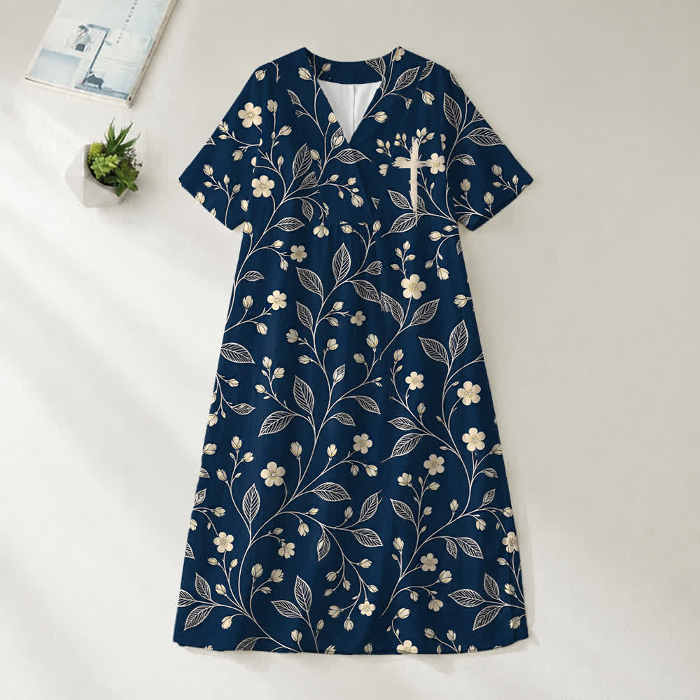 Christianartworkshop Summer Oversized Floral Print Cross Graphic V-Neck Short Sleeve Midi Dress