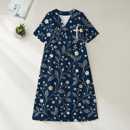 Christianartworkshop Summer Oversized Floral Print Cross Graphic V-Neck Short Sleeve Midi Dress