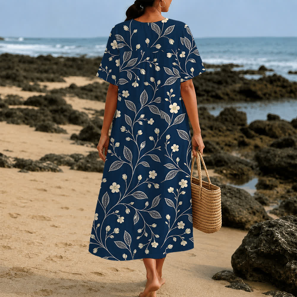 Christianartworkshop Summer Oversized Floral Print Cross Graphic V-Neck Short Sleeve Midi Dress