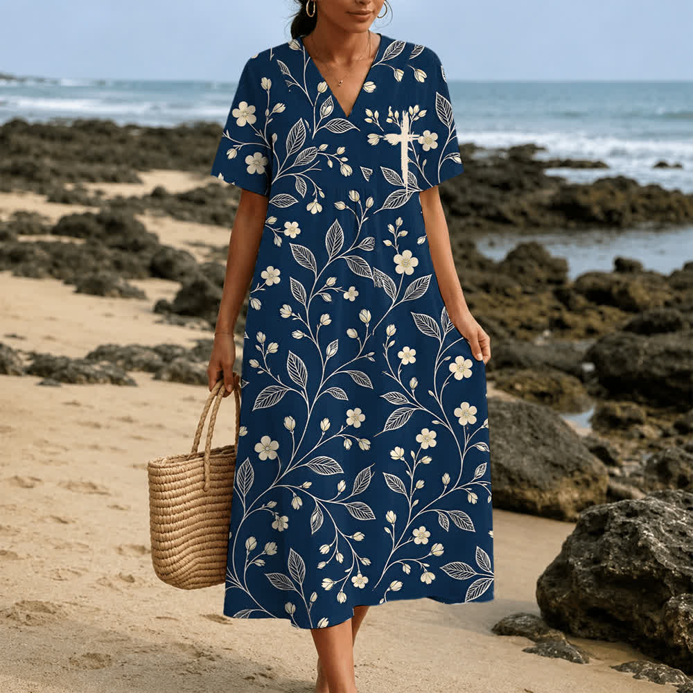 Christianartworkshop Summer Oversized Floral Print Cross Graphic V-Neck Short Sleeve Midi Dress