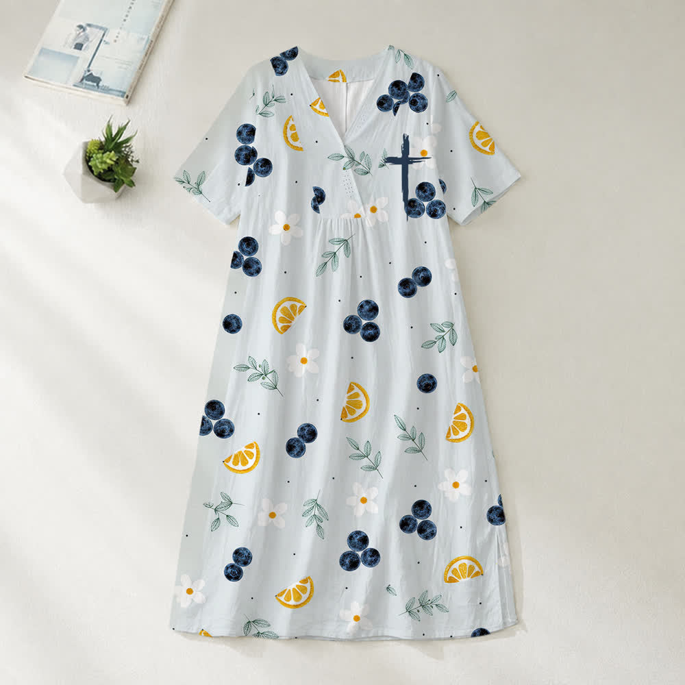 Christianartworkshop Summer Oversized Floral Print Cross Graphic V-Neck Short Sleeve Midi Dress