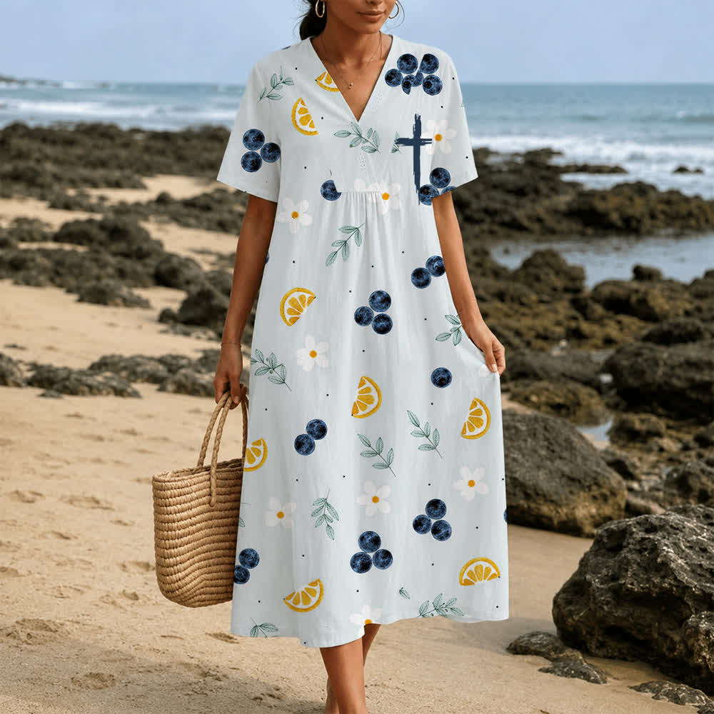 Christianartworkshop Summer Oversized Floral Print Cross Graphic V-Neck Short Sleeve Midi Dress