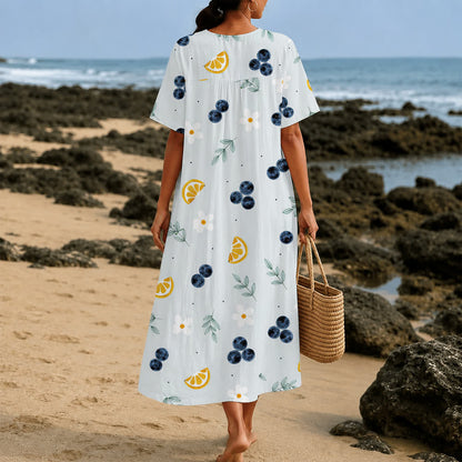 Christianartworkshop Summer Oversized Floral Print Cross Graphic V-Neck Short Sleeve Midi Dress