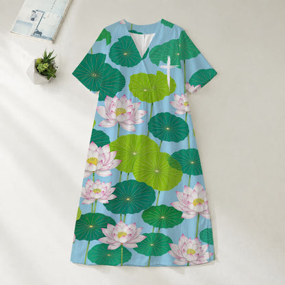 Christianartworkshop Summer Oversized Floral Print Cross Graphic V-Neck Short Sleeve Midi Dress