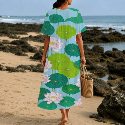 Christianartworkshop Summer Oversized Floral Print Cross Graphic V-Neck Short Sleeve Midi Dress