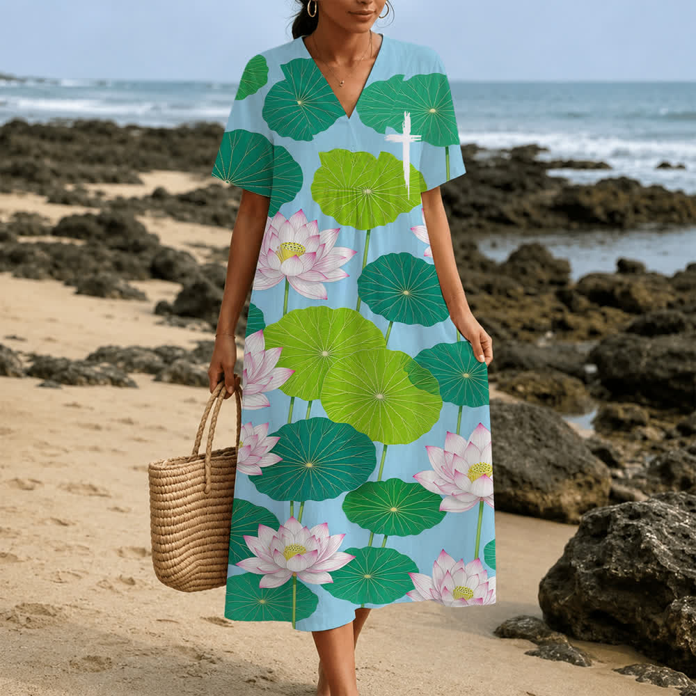 Christianartworkshop Summer Oversized Floral Print Cross Graphic V-Neck Short Sleeve Midi Dress