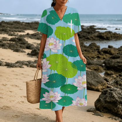 Christianartworkshop Summer Oversized Floral Print Cross Graphic V-Neck Short Sleeve Midi Dress