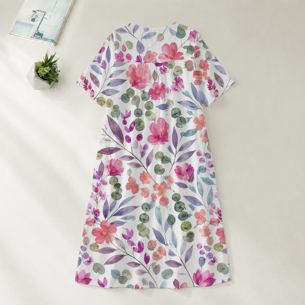 Christianartworkshop Summer Oversized Floral Print Cross Graphic V-Neck Short Sleeve Midi Dress