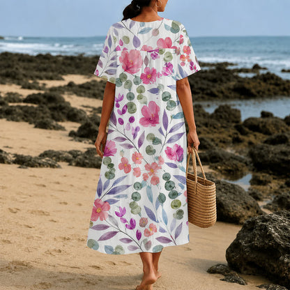 Christianartworkshop Summer Oversized Floral Print Cross Graphic V-Neck Short Sleeve Midi Dress