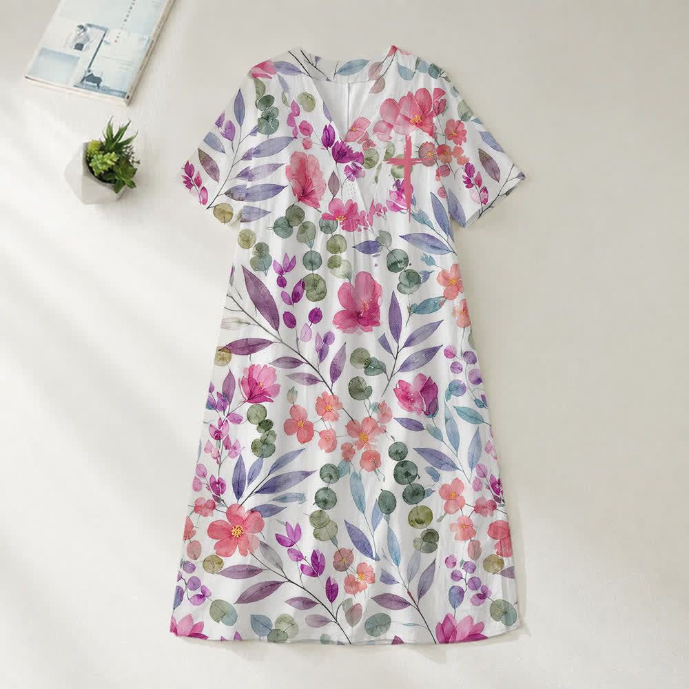 Christianartworkshop Summer Oversized Floral Print Cross Graphic V-Neck Short Sleeve Midi Dress