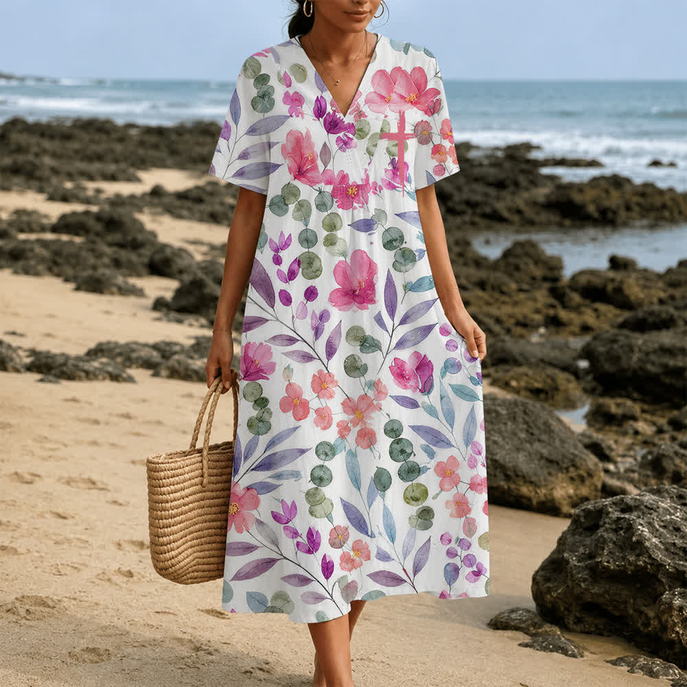 Christianartworkshop Summer Oversized Floral Print Cross Graphic V-Neck Short Sleeve Midi Dress