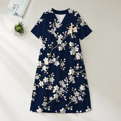 Christianartworkshop Summer Oversized Floral Print Cross Graphic V-Neck Short Sleeve Midi Dress