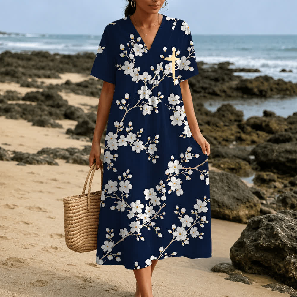 Christianartworkshop Summer Oversized Floral Print Cross Graphic V-Neck Short Sleeve Midi Dress