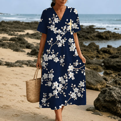 Christianartworkshop Summer Oversized Floral Print Cross Graphic V-Neck Short Sleeve Midi Dress