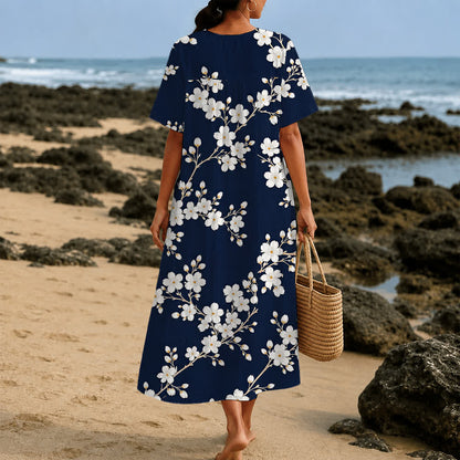 Christianartworkshop Summer Oversized Floral Print Cross Graphic V-Neck Short Sleeve Midi Dress