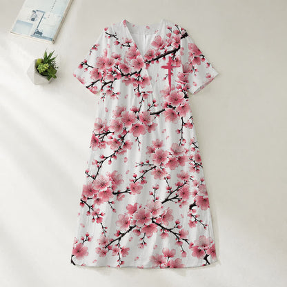 Christianartworkshop Summer Oversized Floral Print Cross Graphic V-Neck Short Sleeve Midi Dress