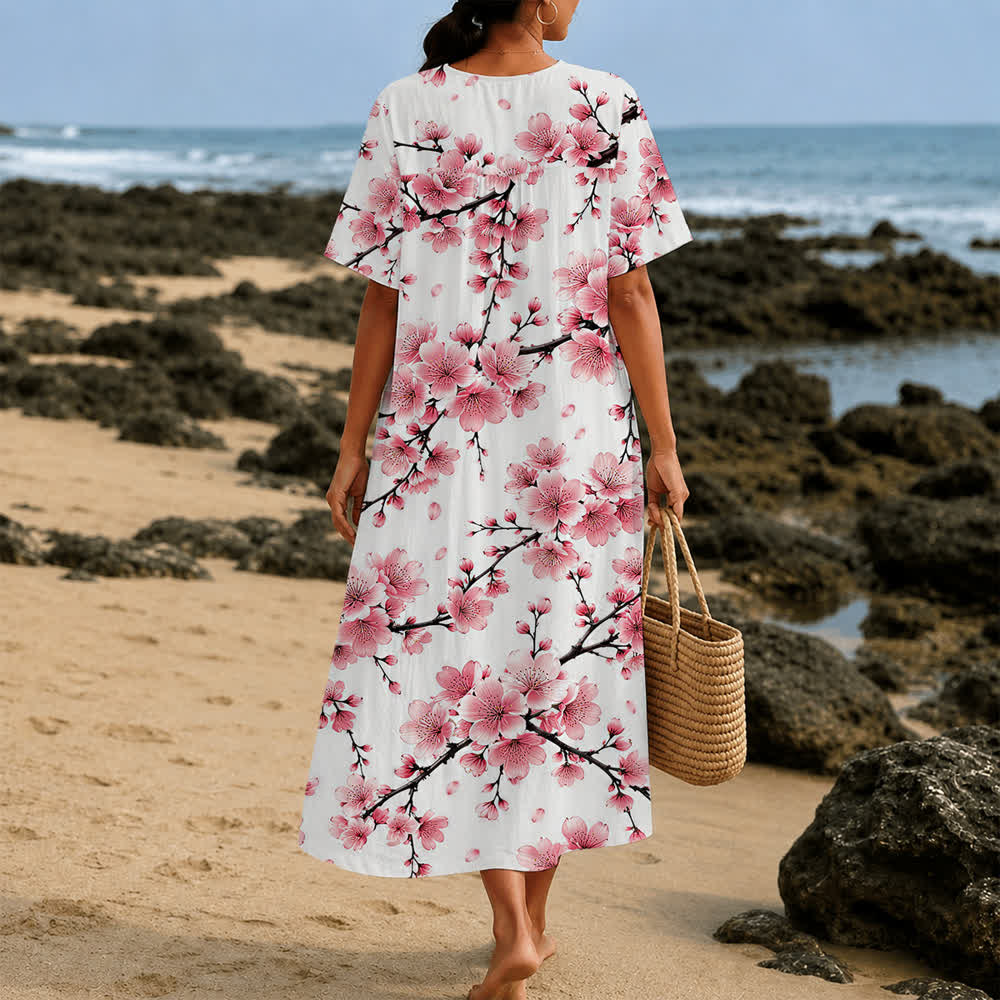 Christianartworkshop Summer Oversized Floral Print Cross Graphic V-Neck Short Sleeve Midi Dress