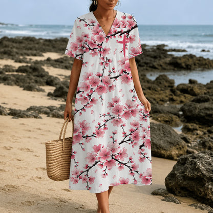 Christianartworkshop Summer Oversized Floral Print Cross Graphic V-Neck Short Sleeve Midi Dress