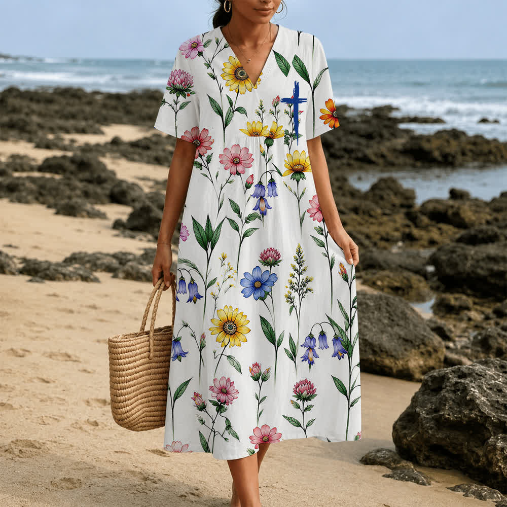 Christianartworkshop Summer Oversized Floral Print Cross Graphic V-Neck Short Sleeve Midi Dress