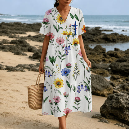 Christianartworkshop Summer Oversized Floral Print Cross Graphic V-Neck Short Sleeve Midi Dress