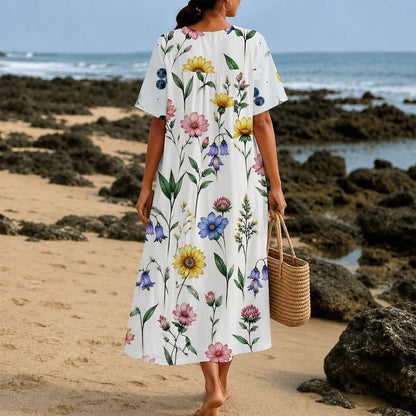 Christianartworkshop Summer Oversized Floral Print Cross Graphic V-Neck Short Sleeve Midi Dress