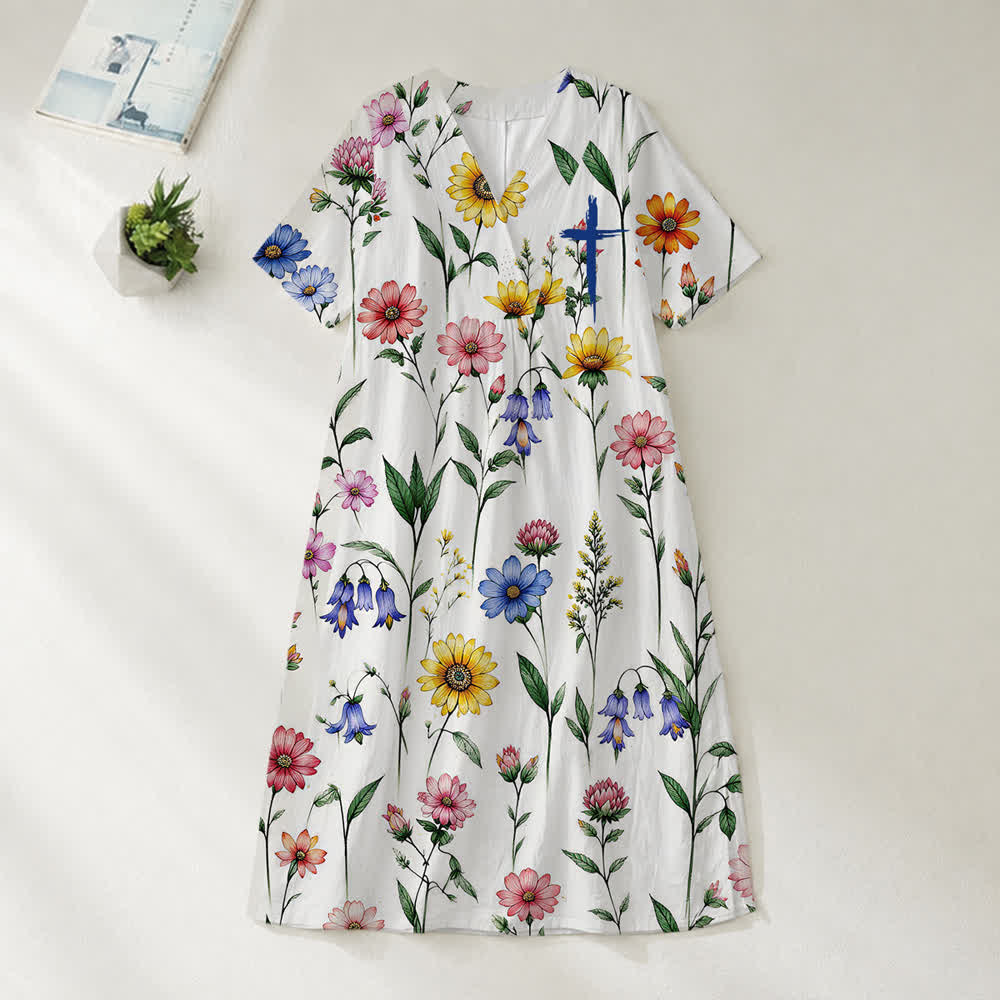 Christianartworkshop Summer Oversized Floral Print Cross Graphic V-Neck Short Sleeve Midi Dress