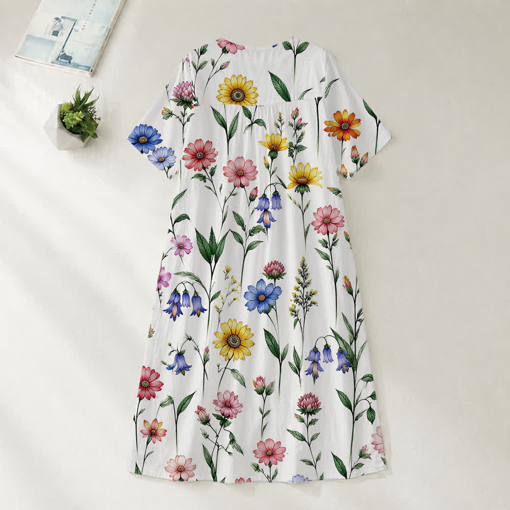Christianartworkshop Summer Oversized Floral Print Cross Graphic V-Neck Short Sleeve Midi Dress