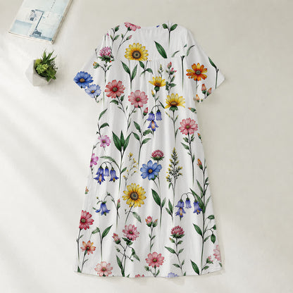 Christianartworkshop Summer Oversized Floral Print Cross Graphic V-Neck Short Sleeve Midi Dress