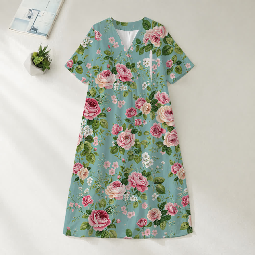 Christianartworkshop Summer Oversized Floral Print Cross Graphic V-Neck Short Sleeve Midi Dress