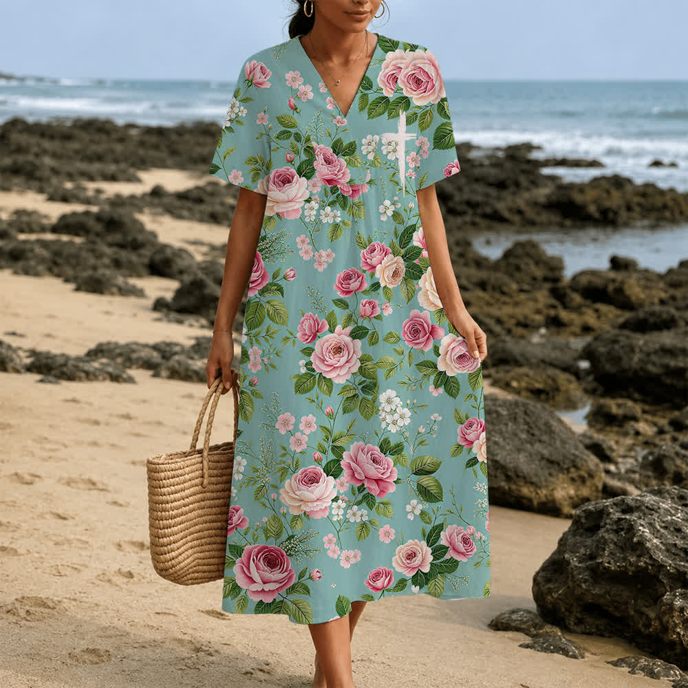 Christianartworkshop Summer Oversized Floral Print Cross Graphic V-Neck Short Sleeve Midi Dress