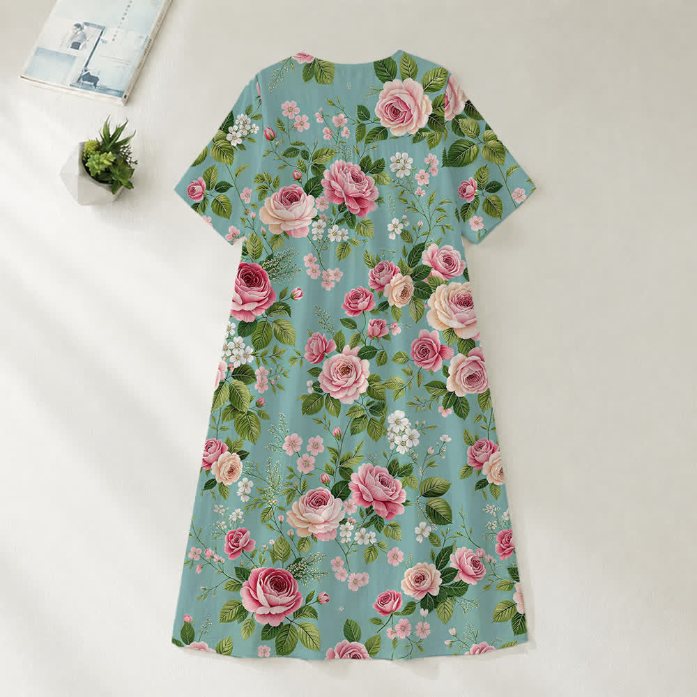 Christianartworkshop Summer Oversized Floral Print Cross Graphic V-Neck Short Sleeve Midi Dress