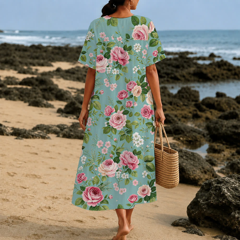 Christianartworkshop Summer Oversized Floral Print Cross Graphic V-Neck Short Sleeve Midi Dress