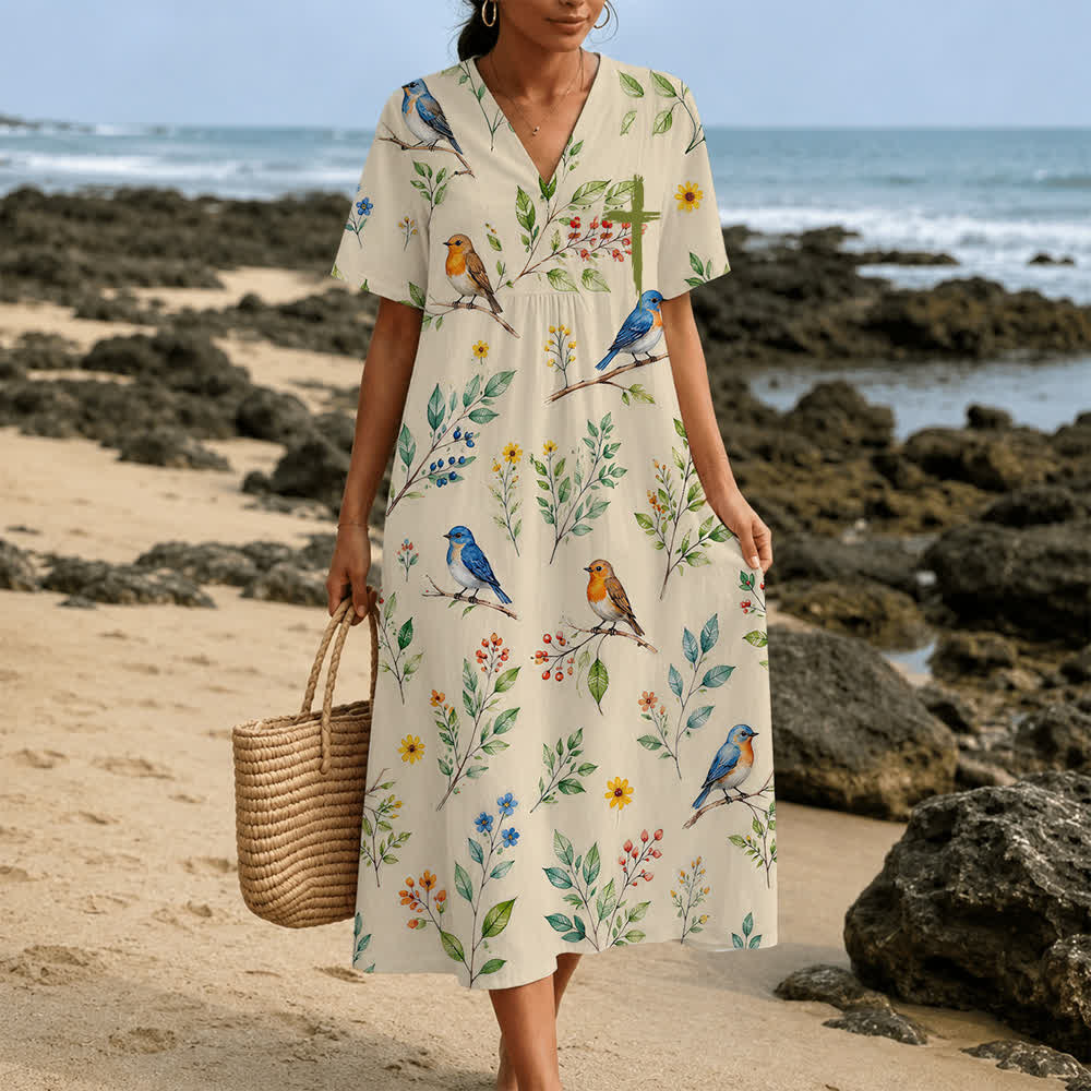 Christianartworkshop Summer Oversized Floral Print Cross Graphic V-Neck Short Sleeve Midi Dress