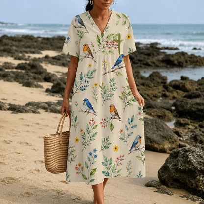 Christianartworkshop Summer Oversized Floral Print Cross Graphic V-Neck Short Sleeve Midi Dress