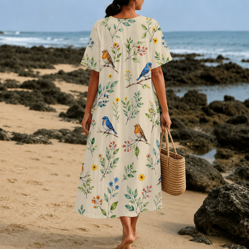Christianartworkshop Summer Oversized Floral Print Cross Graphic V-Neck Short Sleeve Midi Dress