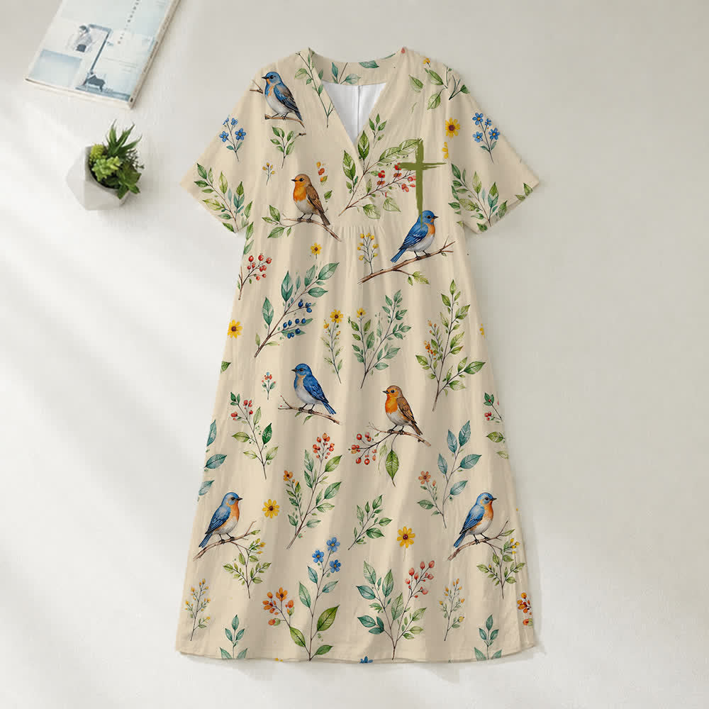 Christianartworkshop Summer Oversized Floral Print Cross Graphic V-Neck Short Sleeve Midi Dress