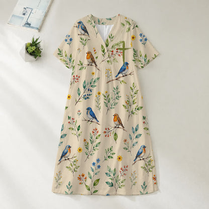 Christianartworkshop Summer Oversized Floral Print Cross Graphic V-Neck Short Sleeve Midi Dress