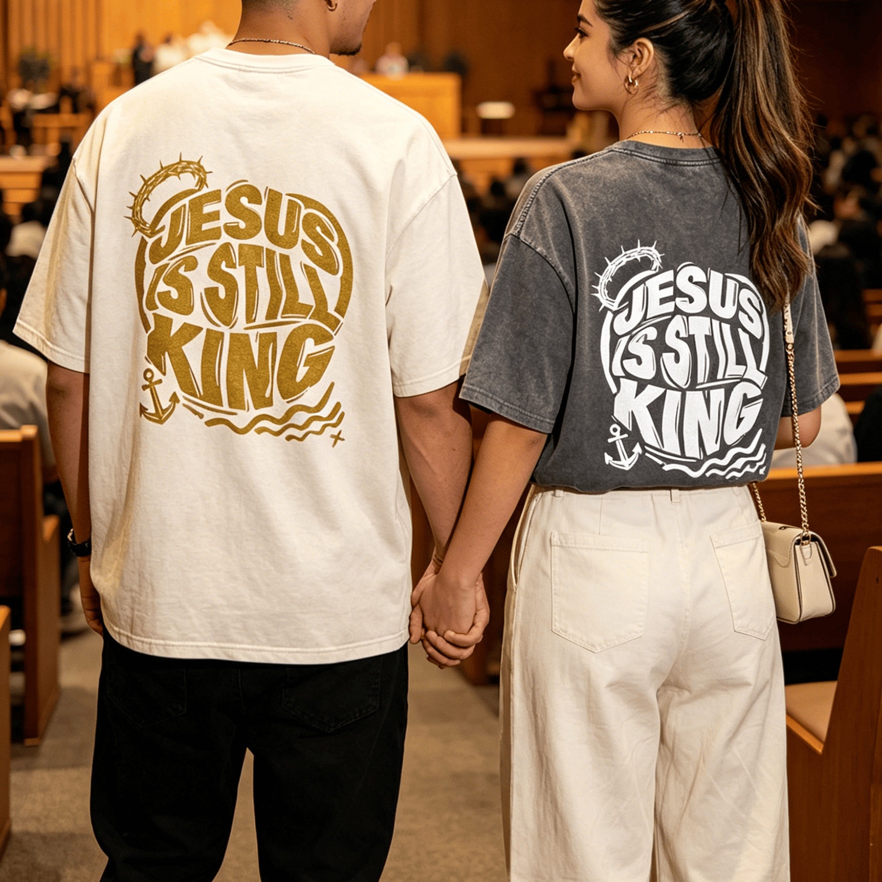 Christianartworkshop Jesus Is Still King Crown Of Thorns Anchor Wave Couple Matching Back Print Vintage Washed Unisex T-Shirt